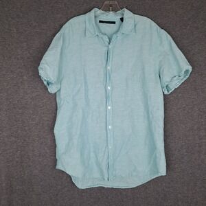 Perry Ellis Shirt Mens Size Large Blue Short Sleeve Button Up Linen Blend